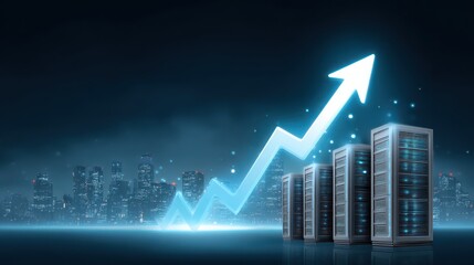 A glowing data center with servers and digital connections, an arrow rising upward into the sky, symbolizing increasing capital expenditure in database and AI.
