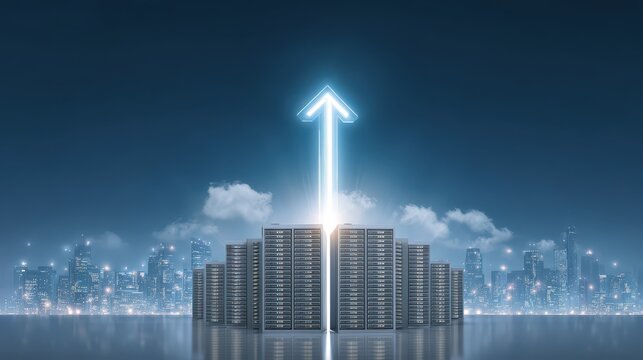 A glowing data center with servers and digital connections, an arrow rising upward into the sky, symbolizing increasing capital expenditure in database and AI.