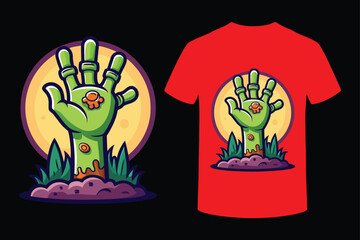 Zombie Hand Rising T-shirt design Halloween party, Halloween cartoon t-shirt design, vector illustration for Halloween celebration.