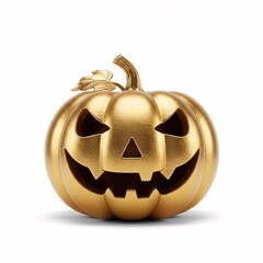 A golden Halloween pumpkin with evil carved facial features,
