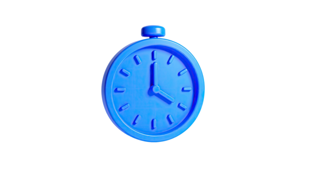 A vibrant blue, 3D-rendered clock/stopwatch icon against a stark black background