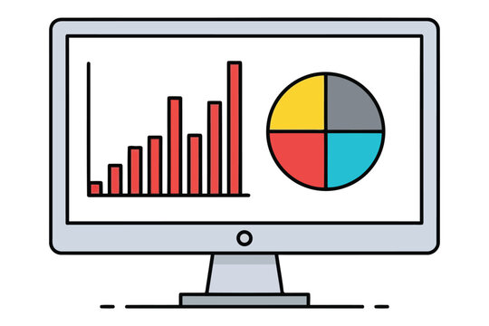 Vector art of computer screen displaying a bar graph and pie chart, representing data analysis, business intelligence, and visual representation of information