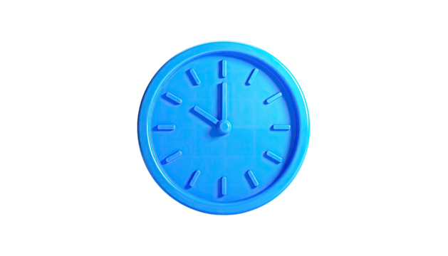 Bright blue clock graphic showing the time, set against a stark black background