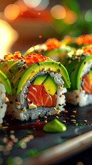 Macro Close Up of Fresh Sushi Rolls Topped with Avocado and Roe on a Dark Surface with Blurred Background