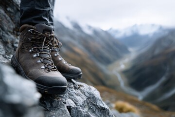 Close up of mountaineer's boots on rocky terrain, showcasing rugged footwear against a breathtaking mountainous landscape, emphasizing adventure and exploration
