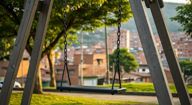 Wooden swing set in a park with a blurred cityscape background - Powered by Adobe
