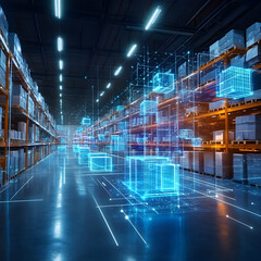 Futuristic warehouse with glowing digital data streams and organized inventory