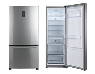 Silver refrigerator, side-by-side view, open door
