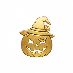 A golden Halloween emblem consisting of a pumpkin, a witch's hat, a bat, and a shield
