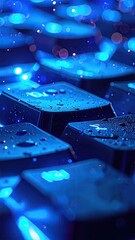 Macro of Dark Blue Keyboard with Water Droplets and Bokeh Lights