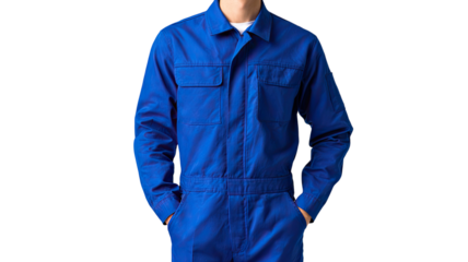 Professional blue workwear uniform with protective design, durable industrial clothing illustration on white background