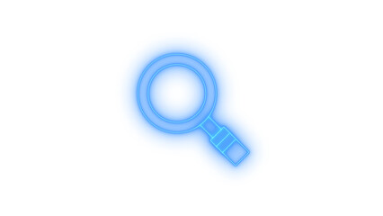 Glowing blue neon magnifying glass search icon with bright light effect, representing digital exploration and user interface elements, isolated on transparent background.