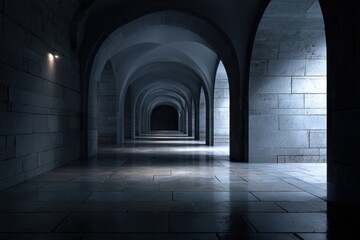 Fototapeta premium Abstract corridor featuring endless repeating arches, illuminated by soft light, showcasing textured stone walls and polished floor, creating a serene and mysterious atmosphere