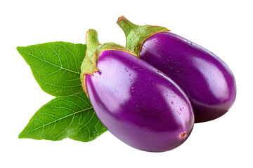 Fresh purple eggplants with green leaves isolated on transparent background