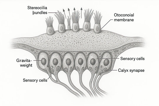 Detailed scientific illustration of a macula from the inner ear, depicting sensory cells, stereocilia bundles, the otoconial membrane, and gravita-weights, highlighting the structure responsible for b