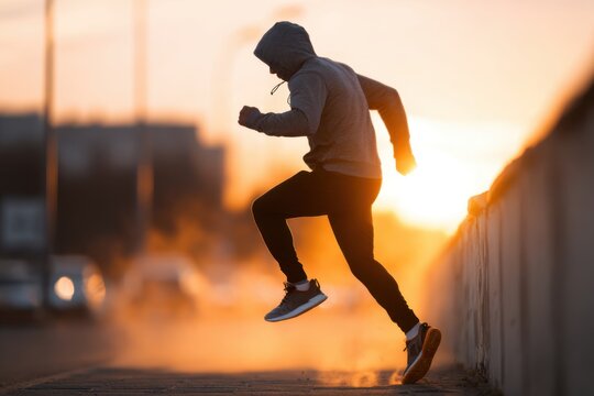 Young man in gray hoodie jumps energetically between urban walls at sunset, showcasing athleticism and determination in a vibrant city environment with dynamic lighting