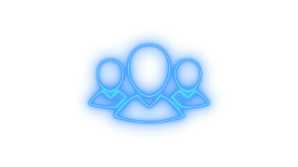 Three glowing blue neon outline user icons symbolizing people, group, or team, representing community, network, and social connections, illustration isolated on transparent background