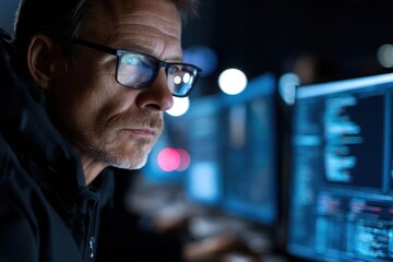 Cyber investigator wearing glasses intensely analyzes data on multiple screens in a dimly lit environment, showcasing dedication to uncovering digital mysteries and solving complex cases