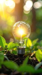 Light Bulb with Plant Seedling Germinating Inside Symbolizes Growth and Innovation with Bokeh Background and Sunbeam Light