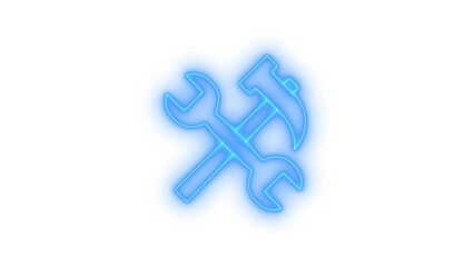 Obraz premium Colorful neon light wrench and hammer crossed tools icon, symbolizing repair, construction, maintenance, and technical support services, isolated on transparent background.