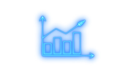 Colorful glowing neon bar chart and line graph illustration depicting business growth, financial success, and market trend analysis on a blue background, symbolizing upward trend.