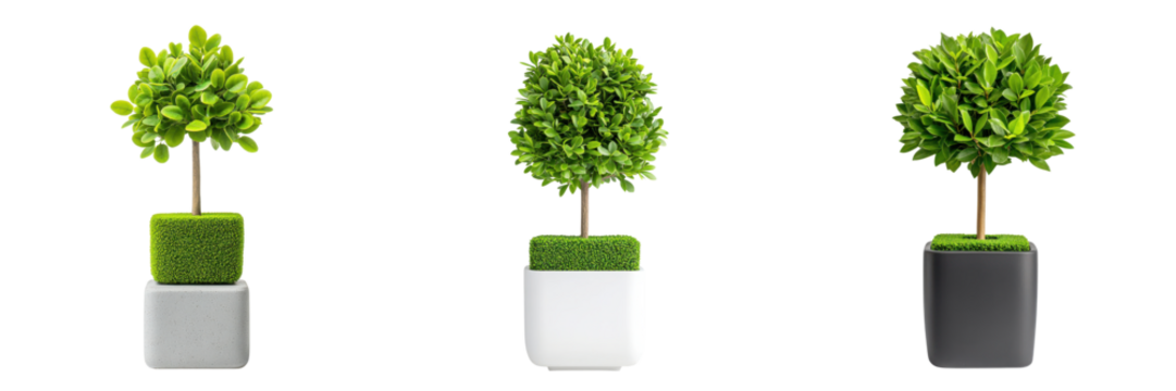 Minimalist topiary trees in modern pots, showcasing vibrant green foliage and clean lines, enhance any decor.,isolate on transparent background