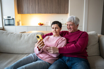 Seniors couple explore ai app on smartphone. Calm smiling wife guides pensioner husband in mobile phone use. Smiling elderly family calls their relatives via video chat, sitting on sofa at home. 