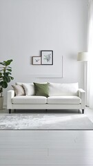 Living Room Featuring White Sofa Green Olive Cushion Artwork Potted Plant and Grey Rug in a Brightly Lit Interior Design Neutral Tones Minimalist Scandinavian Style