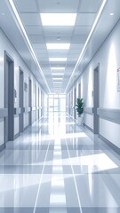 Long Hospital Corridor with Shiny Floor and White Walls in Bright Sunlight