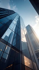 Low Angle View of Pixelated Glass Skyscrapers Reflecting Sky at Sunset
