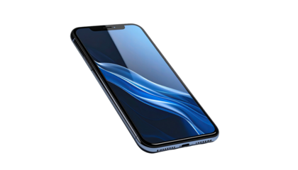 Angled dark phone displays fluid blue lines on screen, dark background