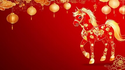 Vibrant red background with decorative horse and lanterns for Chinese New Year celebration