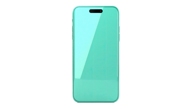Render of a light blue mobile phone with a camera cutout, isolated on black