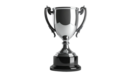 Gleaming silver trophy, handles curved, on black, isolated, representing achievement