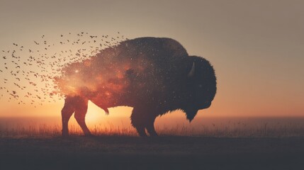 Bison Silhouette with Birds and Starry Fill