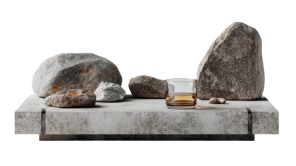 Modern concrete podium with natural rocks and elegant wine glass, stylish product display illustration on white background