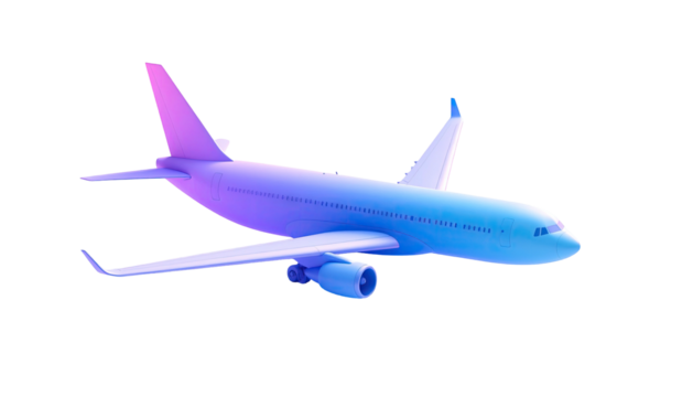 A stylized jetliner rendered in vibrant gradients, isolated against a black void