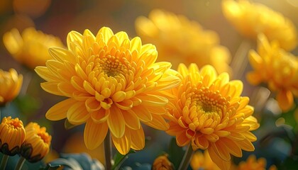 Luminous Close-Up of Golden Yellow Chrysanthemums in Warm Sunlight with Green Foliage Bokeh Background Shallow Depth of Field Flower Photography