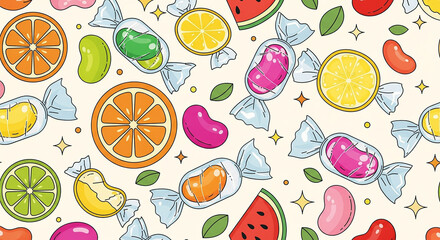 Vibrant sweet treats delight with juicy citrus slices watermelon and colorful jelly beans creating a playful festive confectionary pattern
