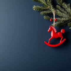 Red rocking horse ornament hanging from evergreen branches on a dark blue background for festive decor