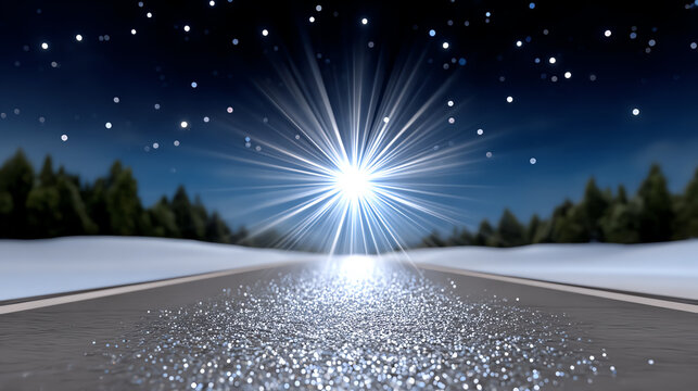 A mesmerizing winter road under a starry sky, illuminated by a brilliant light, creating a serene and magical atmosphere.