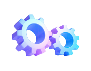 Two 3D rendered gears with a gradient, interconnected, on a black background