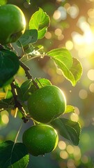 Lush Green Apples on Branch with Dew Drops in Golden Sunlight