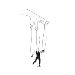 Illustration of puppet and puppeteer performance, abstract surreal control concept