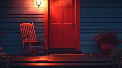 A red door glows warmly under a soft light, inviting moments of tranquility as a rocking chair awaits on the porch