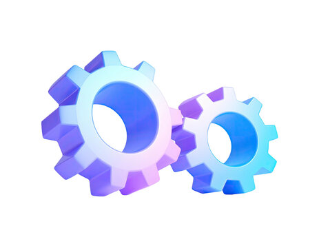 Two 3D rendered gears with a gradient, interconnected, on a black background