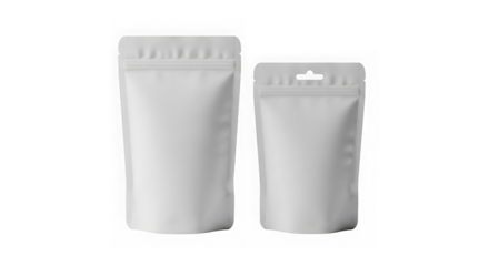 Two blank white stand-up pouches mockup with hang tabs for product packaging and branding isolated on transparent background