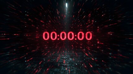 Red glowing digital countdown timer on dark background with reflection, futuristic time clock interface for technology, gaming, urgency and competition