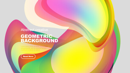 Fluid shapes blend vibrant colors. Modern design features geometric elements, gradients, text overlay, button. Perfect backdrop for projects.
