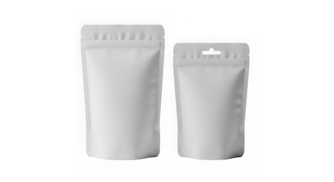 Two blank white stand-up pouches mockup with hang tabs for product packaging and branding isolated on transparent background